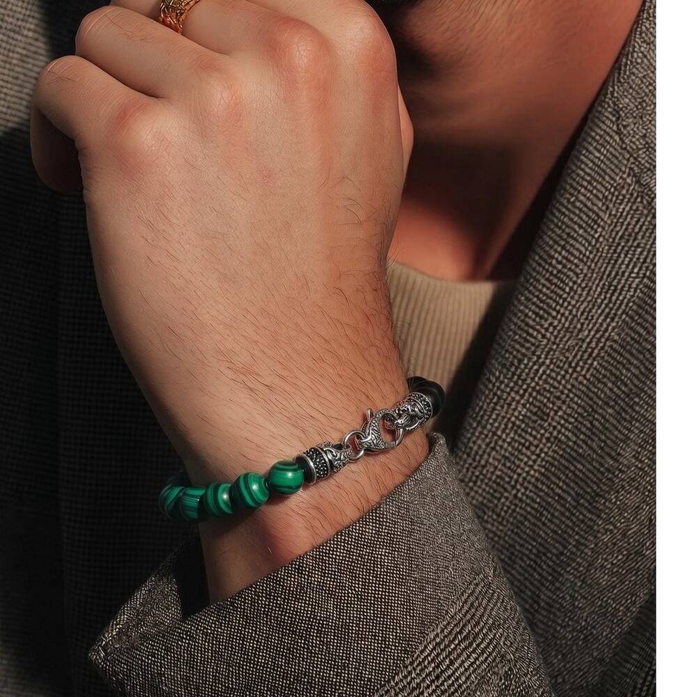 Arista Black Cubic Zirconia Genuine Malacite and Onyx Mens Bracelet 8.5 inch
